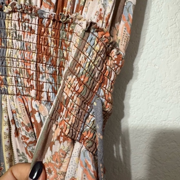 Faherty Floral Boho Prairie Midi Dress. Long Sleeve, Smocked Waist, Shoulder. - Picture 6 of 16